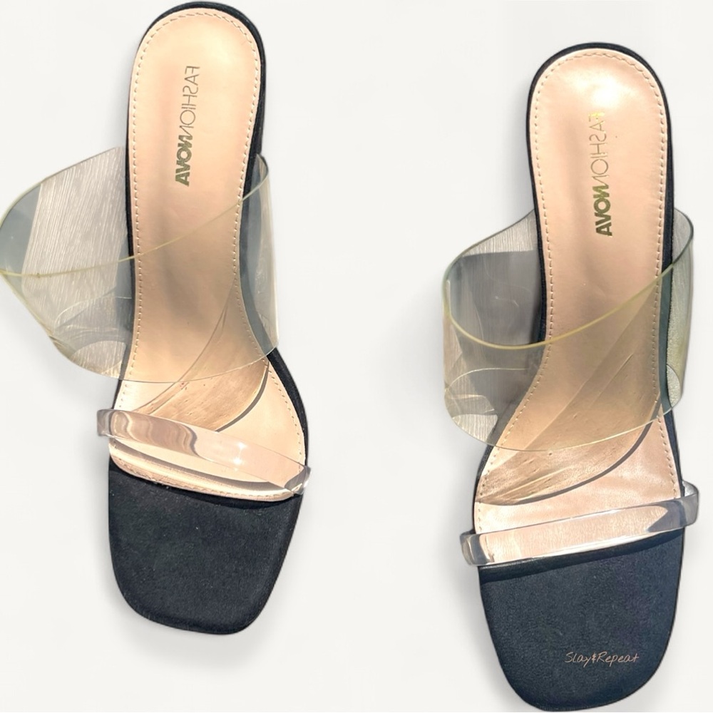 Fashion Nova Black Suede Clear Strap Block Heel Mules – Women’s Size 10W